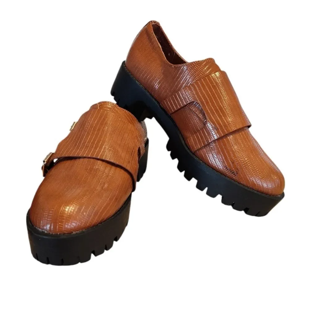 ASOS Brown Black Chunky Monk Shoes Size 8 Double Buckle Vegan Loafers